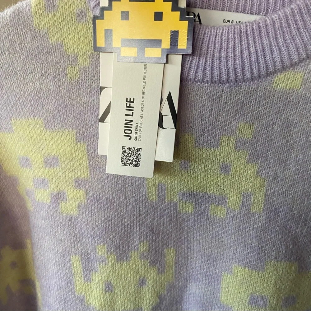 S Zara Space Invaders Oversized Knit Sweater Medium Purple Yellow - Picture 8 of 8